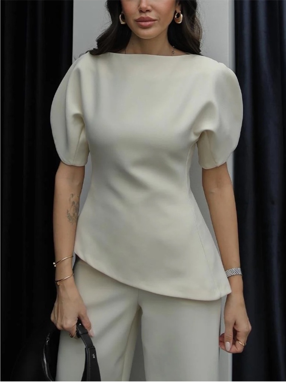 Zara Cream Puff-Sleeve Asymmetric Hem Blouse